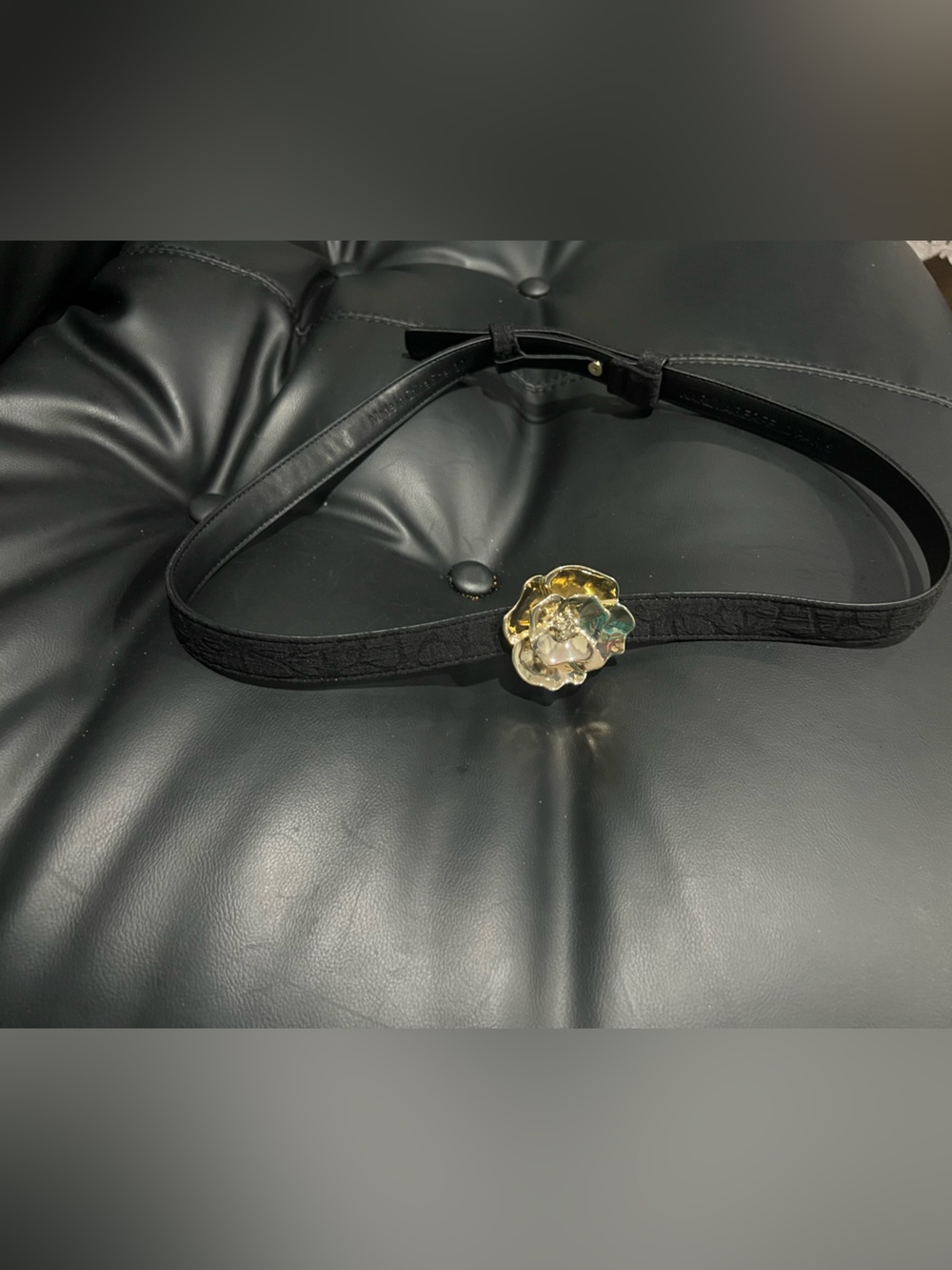 Karl Lagerfeld Black Belt with Gold Floral Buckle Accent